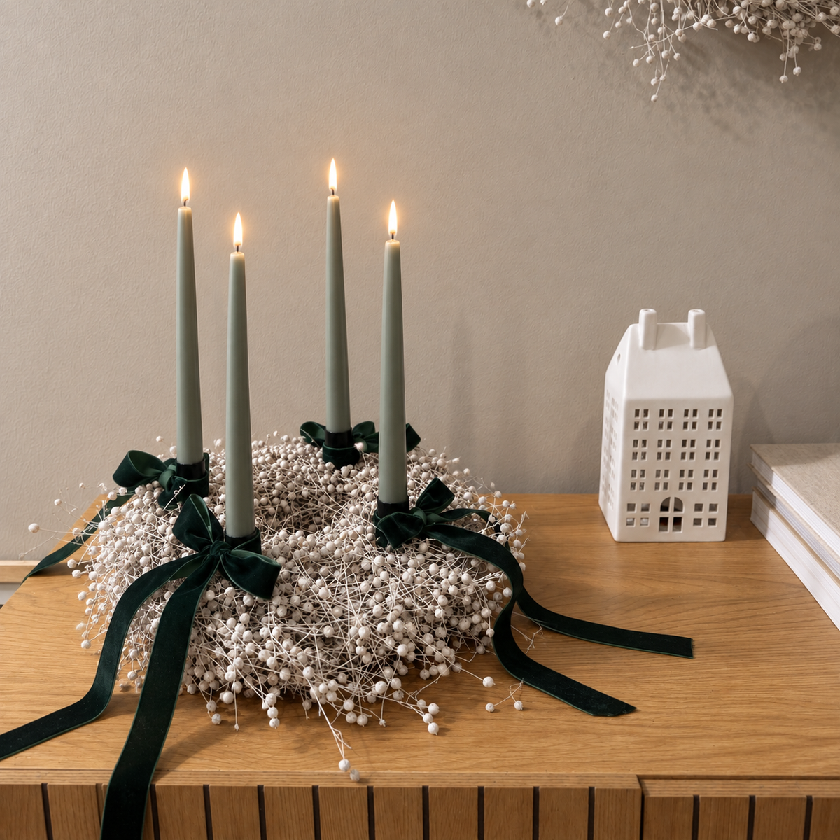 Komplettset Adventskranz Flachs - weiß grün