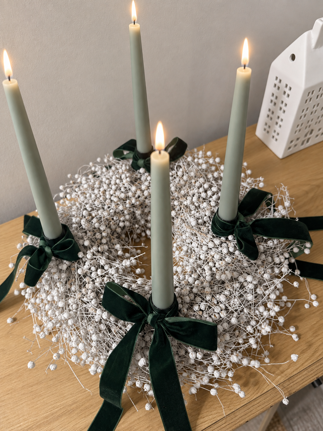 Komplettset Adventskranz Flachs - weiß grün
