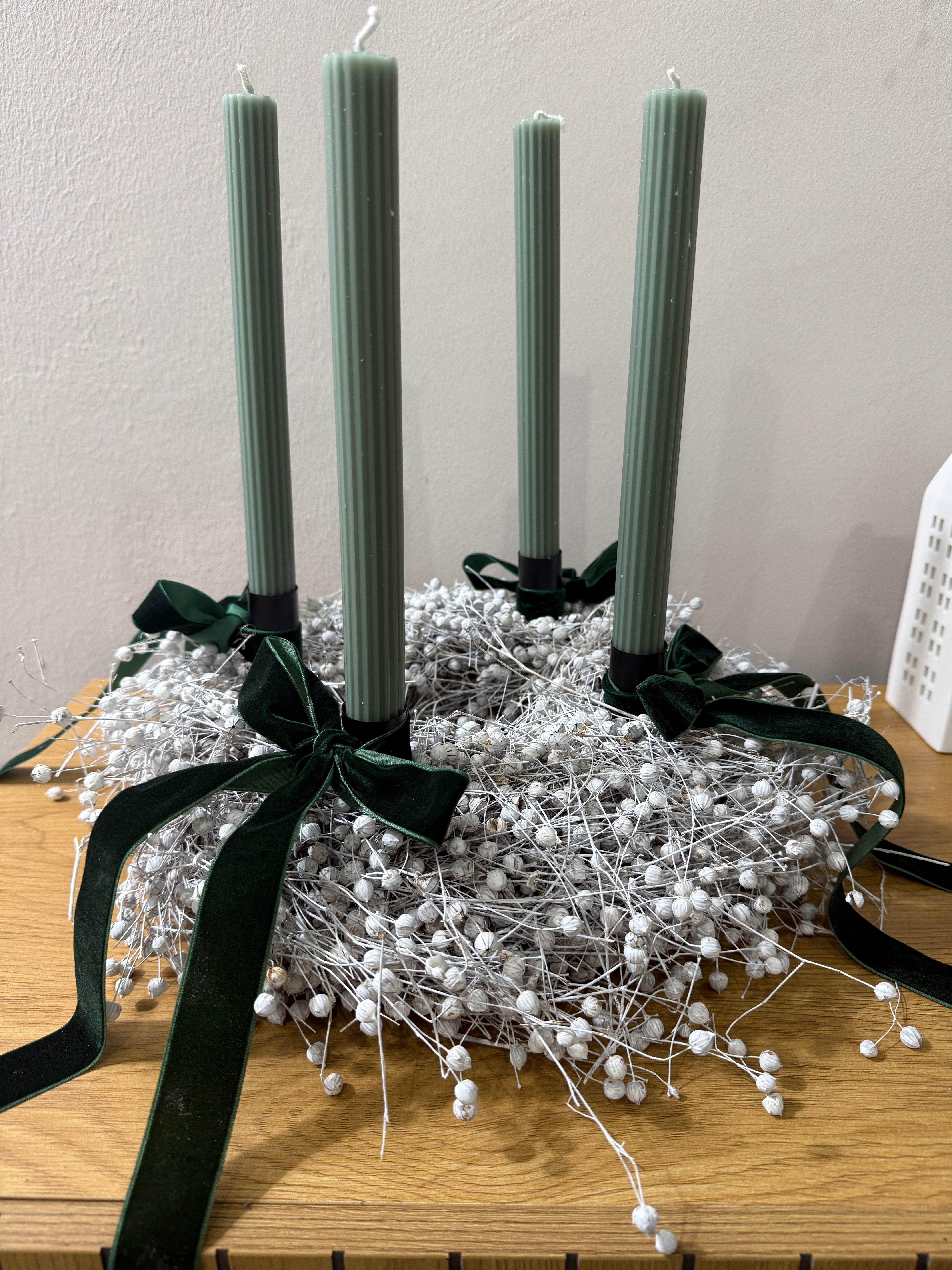 Komplettset Adventskranz Flachs - weiß grün