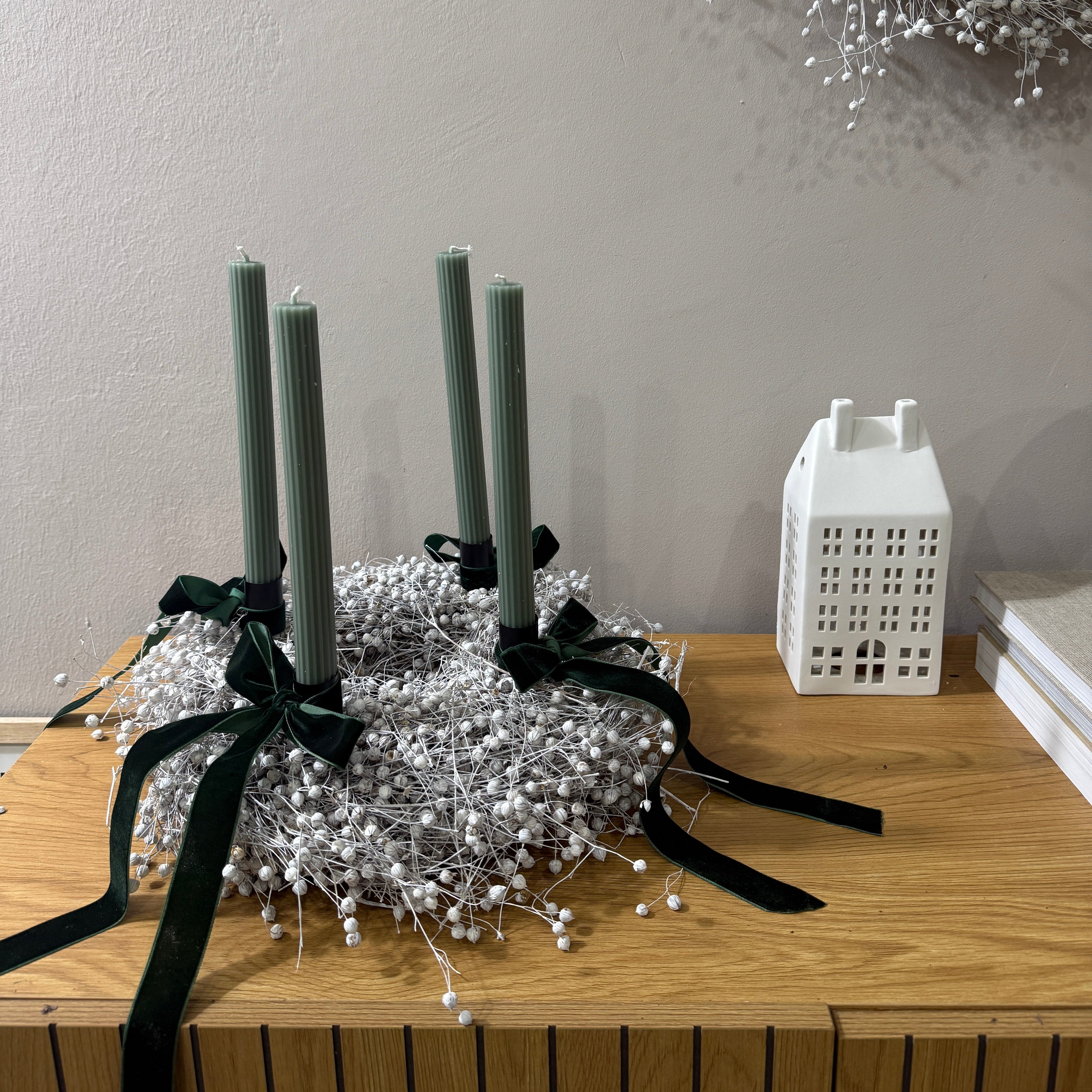 Komplettset Adventskranz Flachs - weiß grün