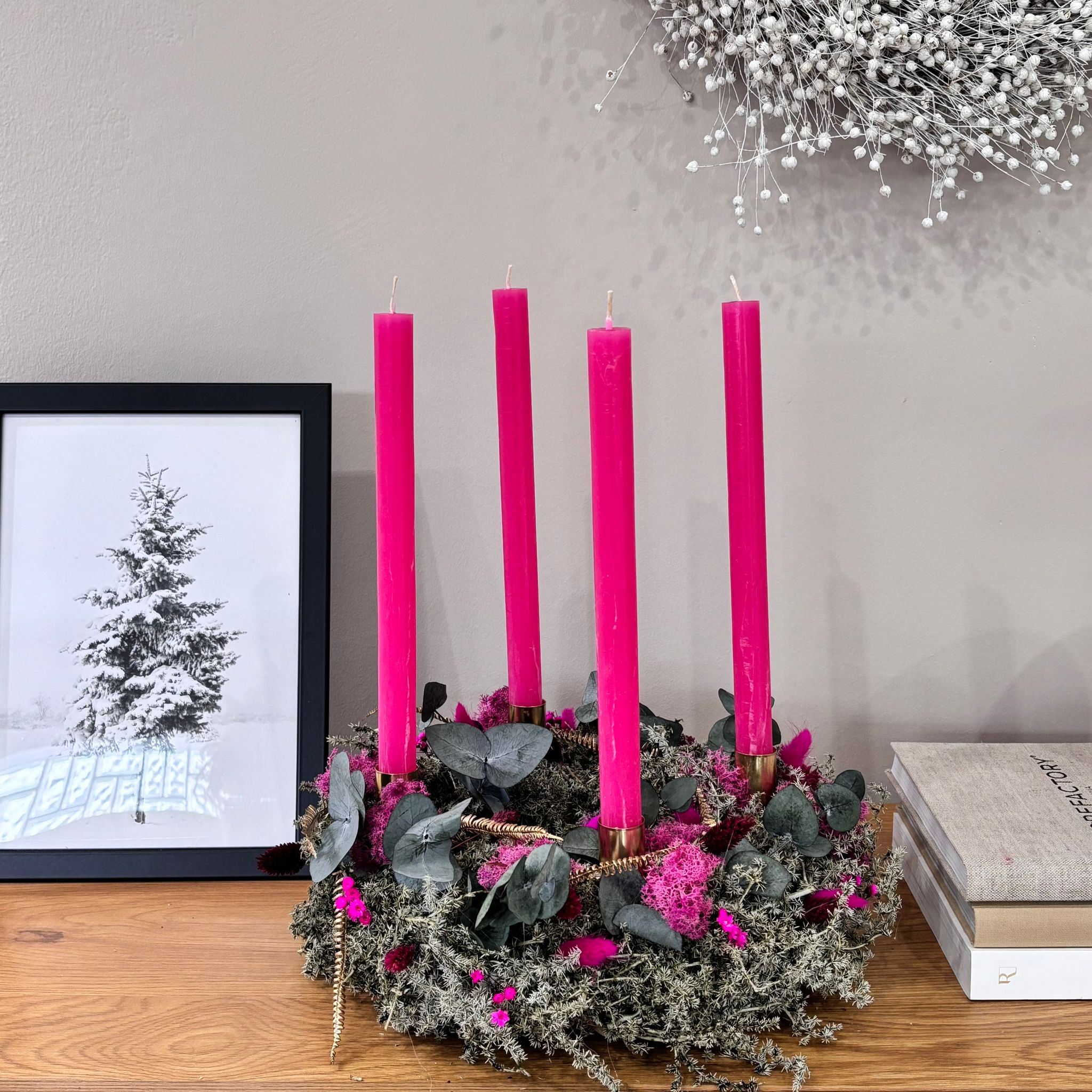 Adventskranz "Frost & Fuchsia" in grün pink