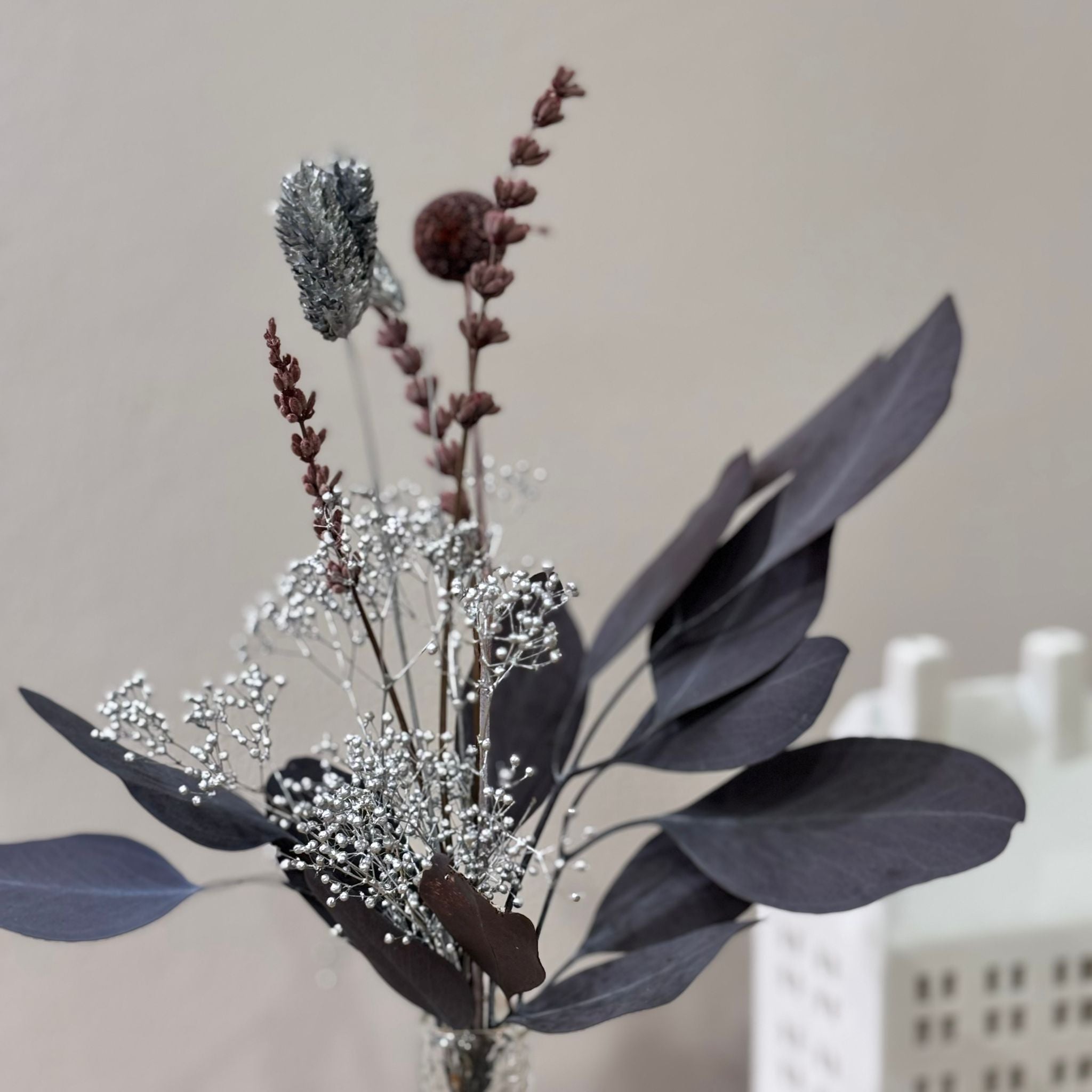 Trockenblumenstrauß Mini "Frosted Wine" bordeaux silber
