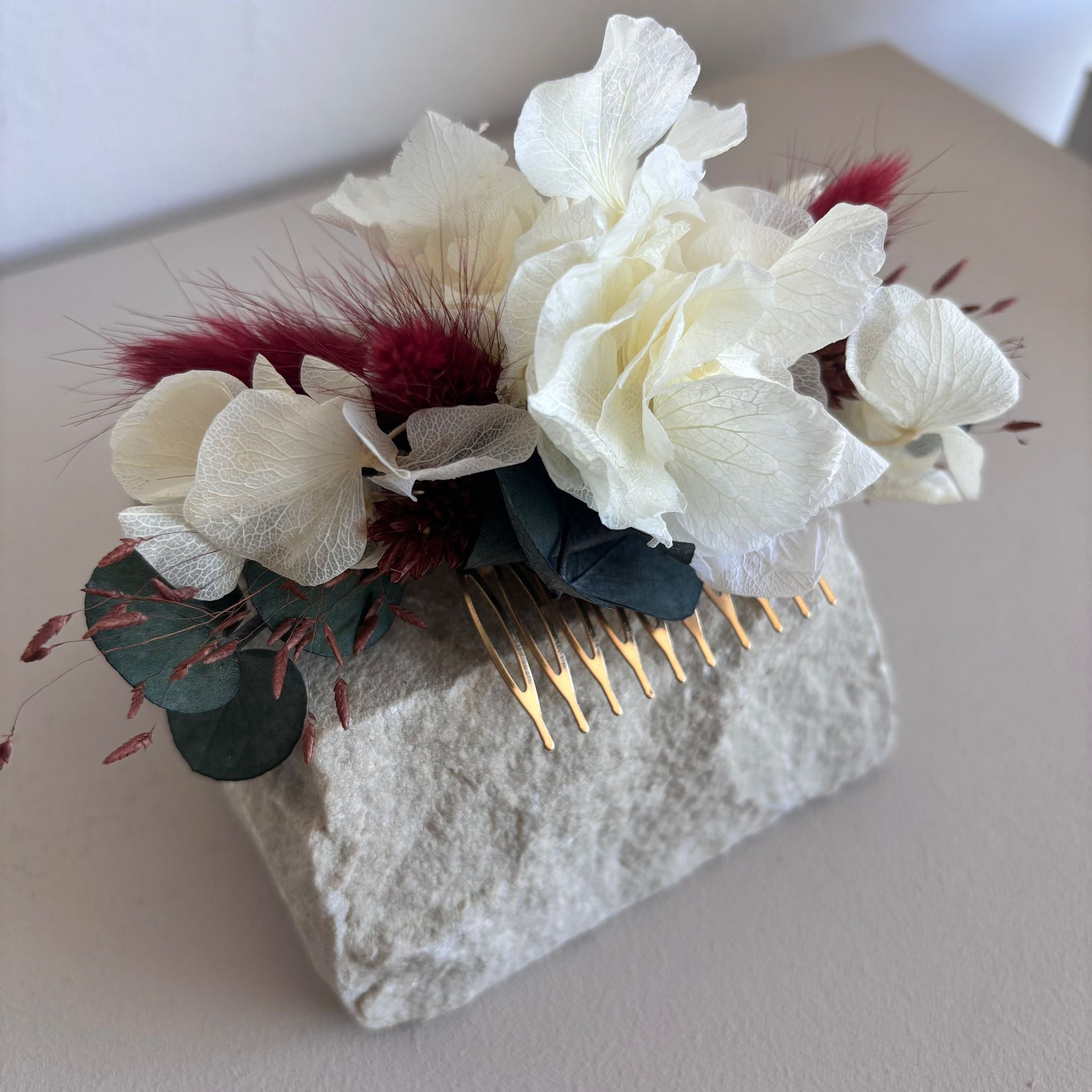 Haarkamm Trockenblumen Hortensie weiß rot - OUTLET