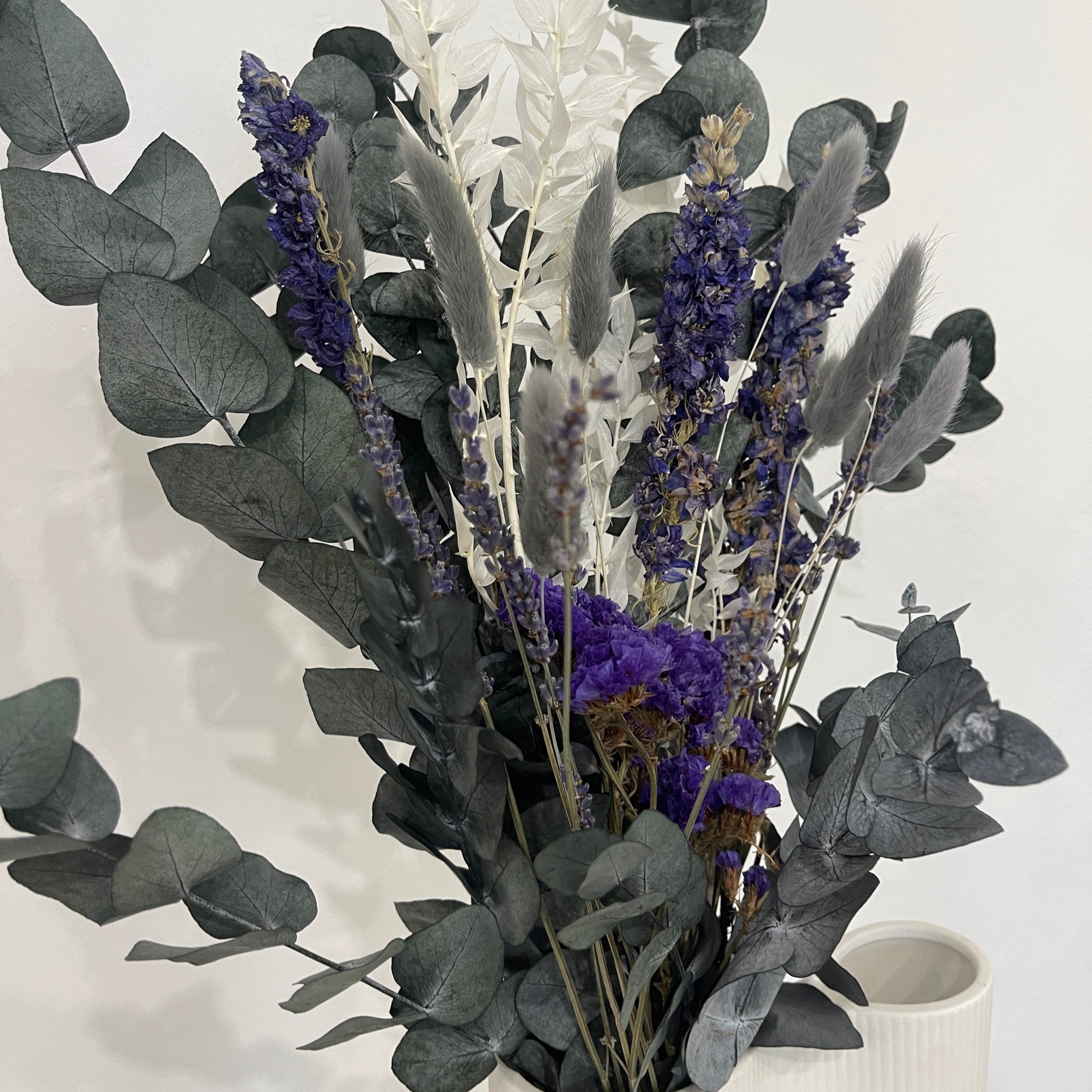 Elegant combination: loose dried flower bouquet with gypsophila and eucalyptus