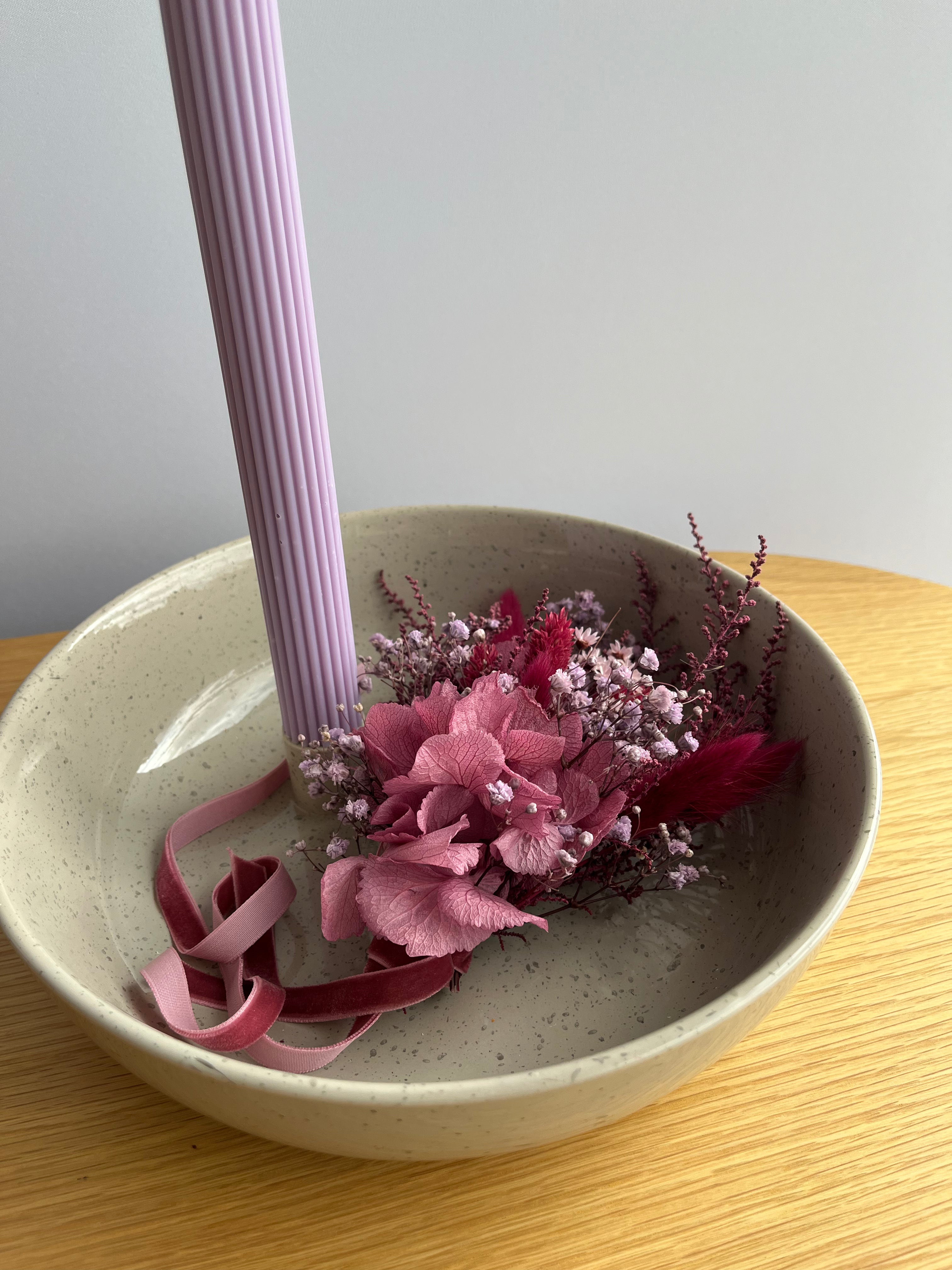 Candle holder and bowl in one - with matching arrangement purple