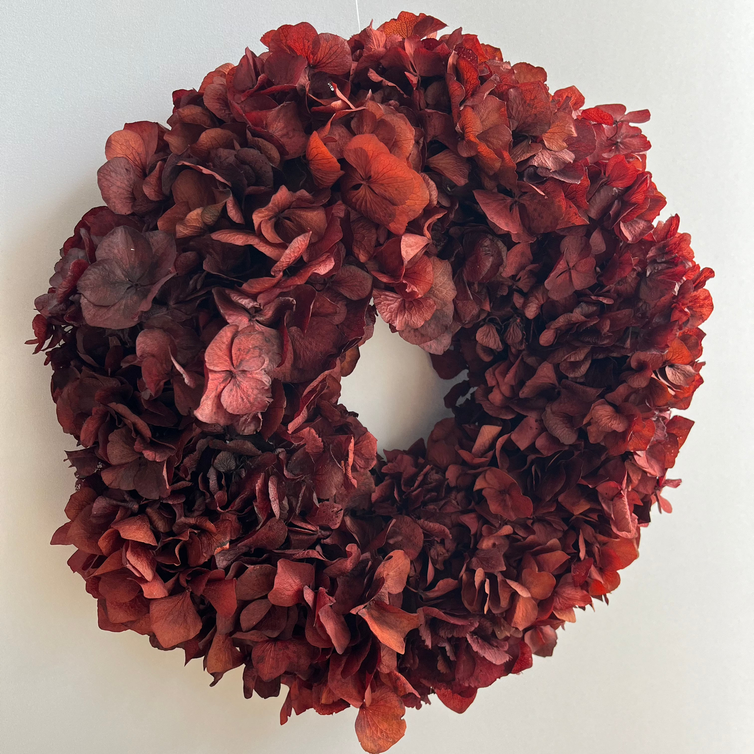 Hydrangea all over: Puristic dried flower wreath red