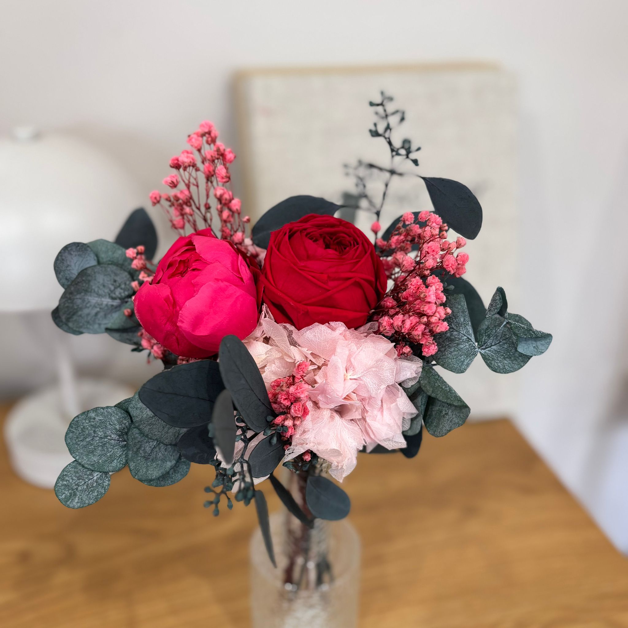 Lieblingsmensch: Trockenblumenstrauß mit Pfingstrose, Rose grün-pink (Kopie)