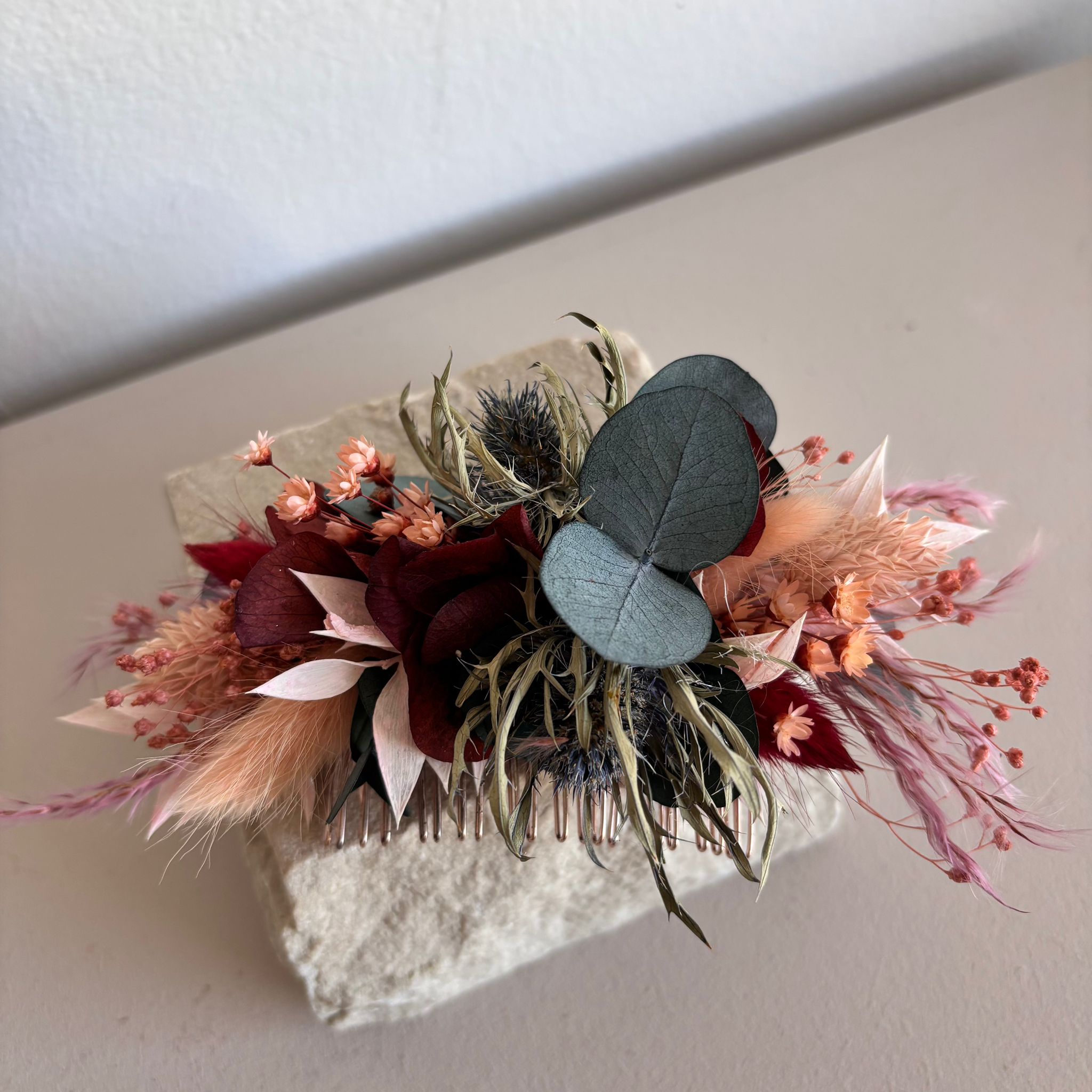 Haarkamm Trockenblumen Eukalyptus rosa rot - OUTLET