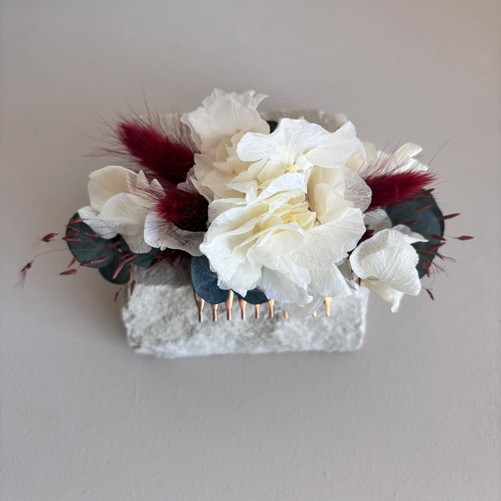 Haarkamm Trockenblumen Hortensie weiß rot - OUTLET