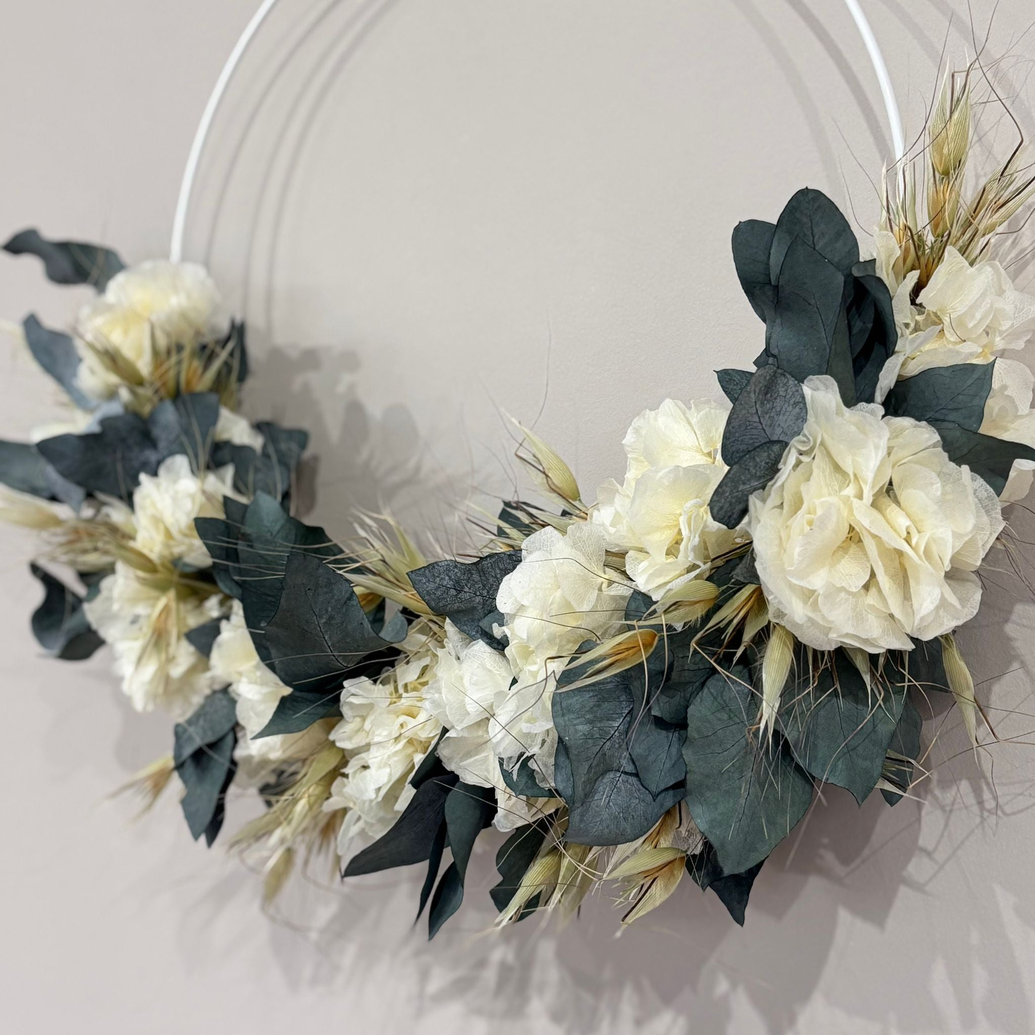 Dried flower wreath hydrangea, eucalyptus, oats