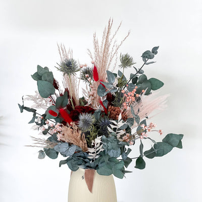 Brautstrauß rosa rot mit Eukalyptus | Hochzeitstrauß Pampasgras - Lykke&You