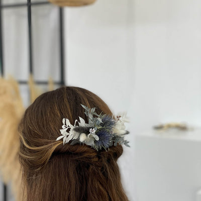 Haarkamm Trockenblumen weiß blau I Hochzeit, Kommunion, Blumenmädchen - Lykke&You