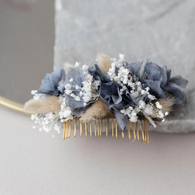 Haarkamm Trockenblumen Hortensie | beige blau | Hochzeit, Kommunion, Blumenmädchen - Lykke&You