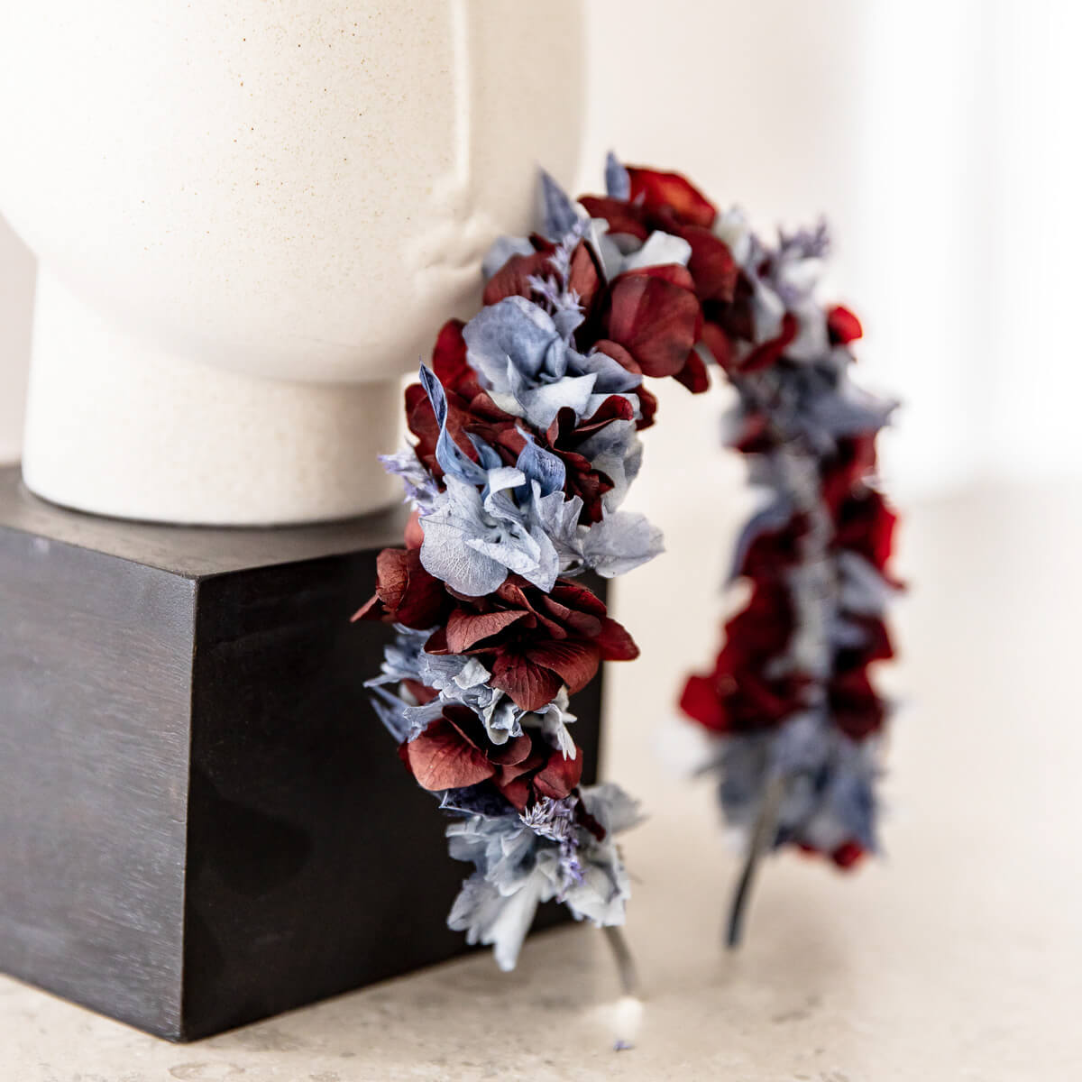 Headband dried flowers hydrangea blue red