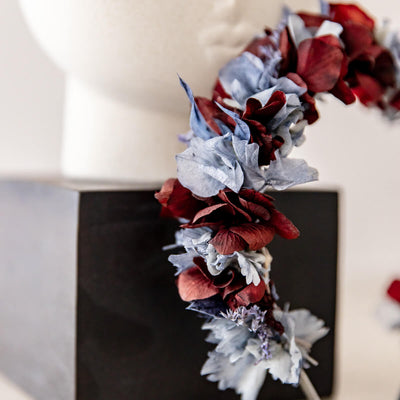 Haarreif Trockenblumen Hortensie blau rot